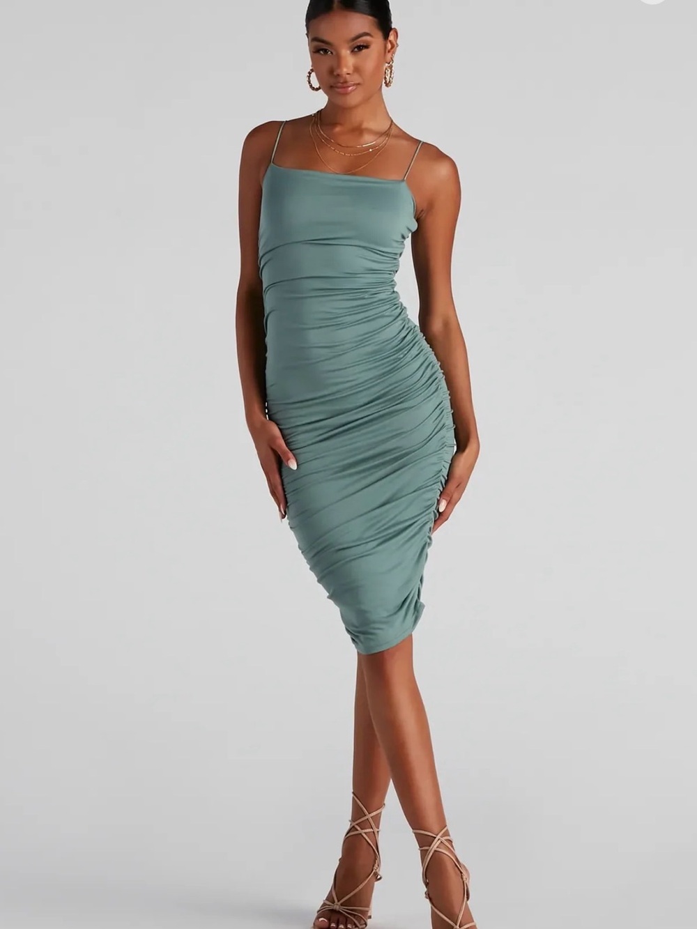 Windsor Level Up Ruched Knit Midi Dress Small Sage Green Bodycon Going Out